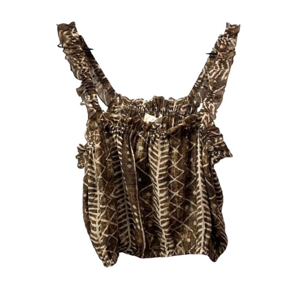 NWT Elan Brown Tulum Boho Abstract Printed Tank Top Ruffle Trim Size Medium